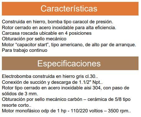 Motobomba Centrifuga 1Hp 110-220V 1F 1.5X1.5" Ihm Caracol Super 1 1/2A-1W Rss
