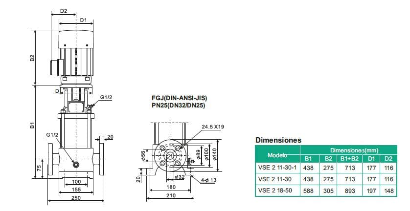 Motobomba Multietapas V 3Hp 220V 1F 1.25X1" Barnes Vse 2 11-30-1