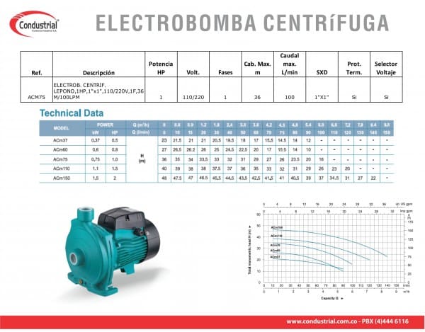 Acm75  / Motobomba Centrifuga 1Hp 1F  110/220V Acm75  leo