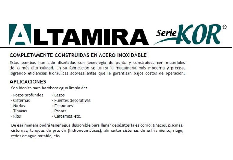 KOR10 R400-22 / Motobomba Altamira Lapicero 40HP / Sin motor / 6x3&quot;