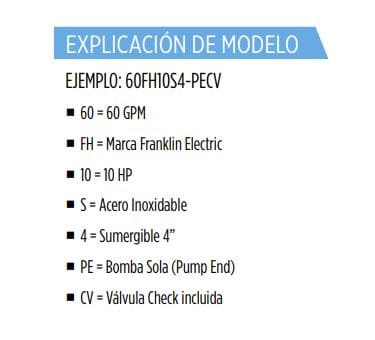 60FH3S4-PECV / Motobomba Franklin Lapicero Sola 4&quot; 60GPM 3HP 10Et.