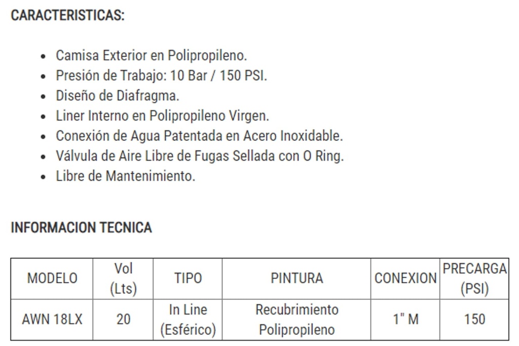 Tanque Diafragma Polipropileno 18Lts Esferico Pearl Awn18Lx