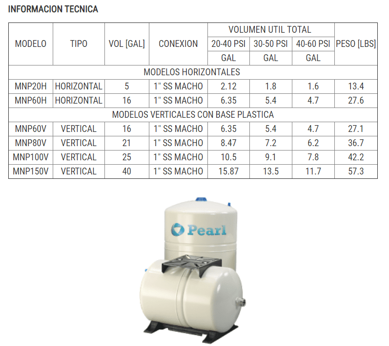 Tanque Diafragma 20Lts Horizontal Pearl Mnp20H