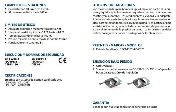 Motobomba Multietapas V 2Hp 110-220V 1F 1.25X1" Pedrollo Mkm3/6-N