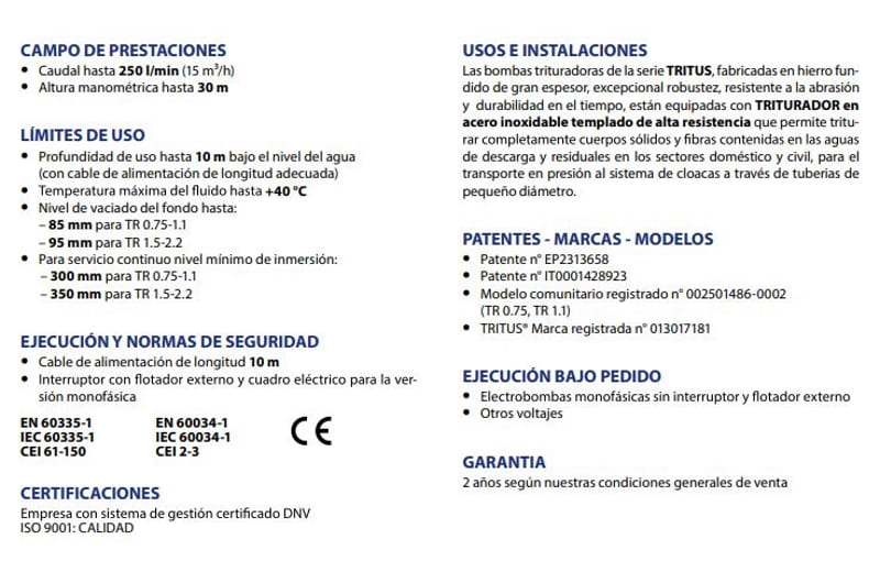 Motobomba Sumergible 1.5Hp 440V 3F 1.5" Pedrollo Tritus-Tr1.1