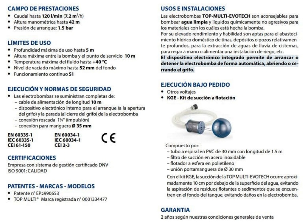 Motobomba Sumergible 0.75Hp 110V 1F 1.25" Pedrollo Topmultievotech2