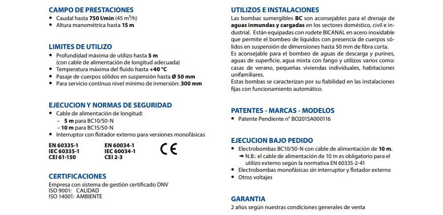 Motobomba Sumergible 1hp 220V 1F 2" Pedrollo Bcm10/50-N