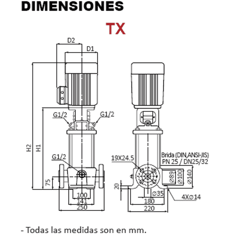 Motobomba Multietapas V 1Hp 220-440V 3F 1.25X1.25" Altamira T0.6Xe-10-9