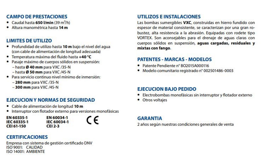 Motobomba Sumergible 1Hp 220V 1F 2" Pedrollo Vxcm10/45-N
