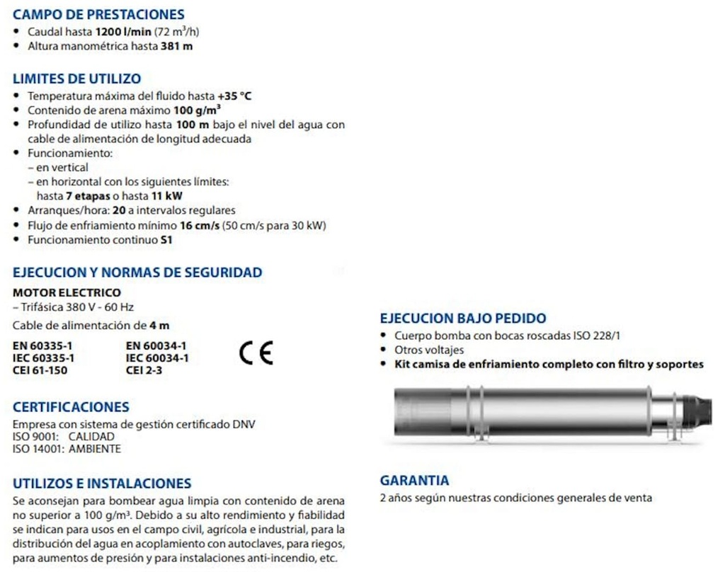 Bomba Lapicero 15Hp Sin motor 3" Pedrollo 6Sr100G/150Hyd
