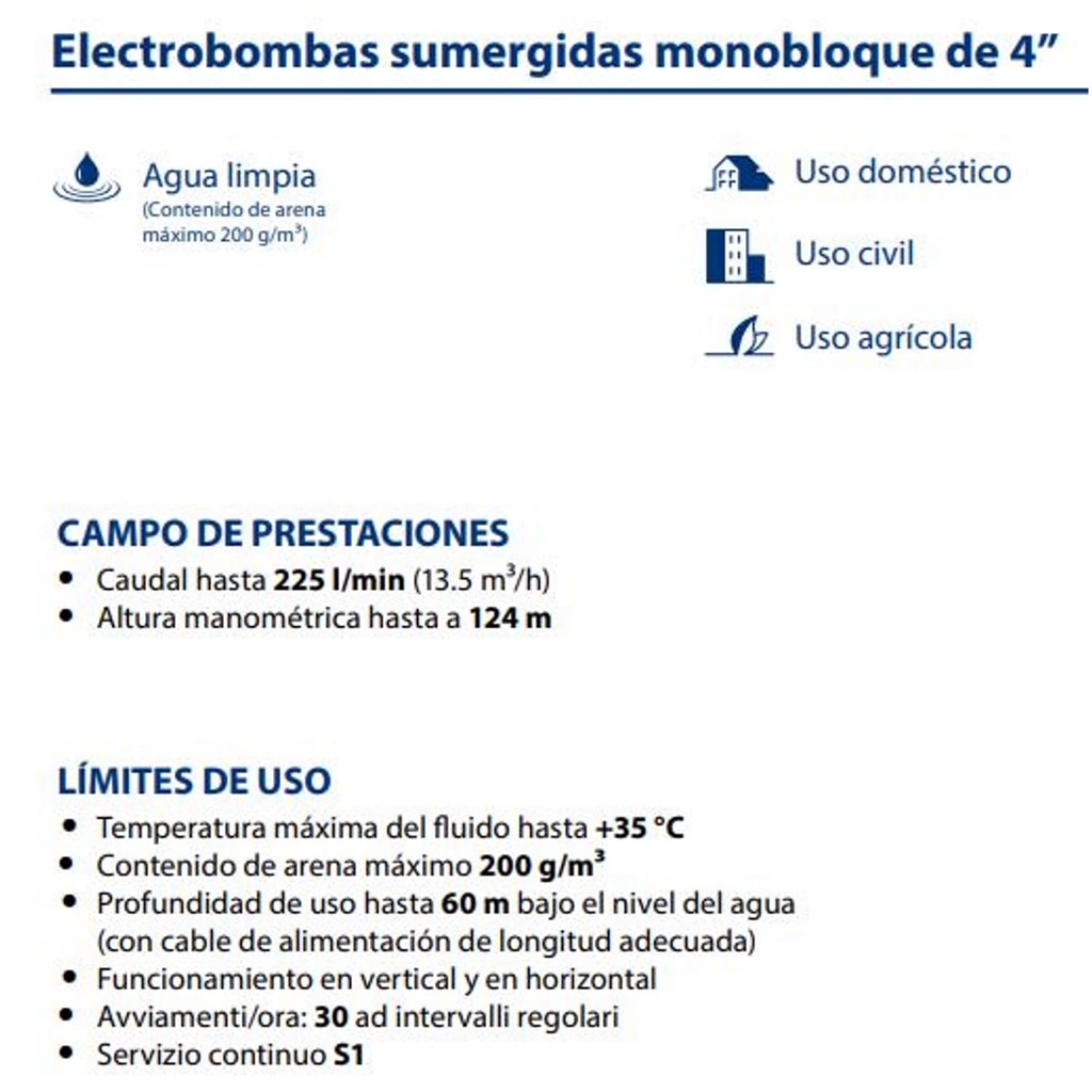 Motobomba Lapicero 0.5Hp 110V 1F 1.25" Pedrollo 4Blockm4/3