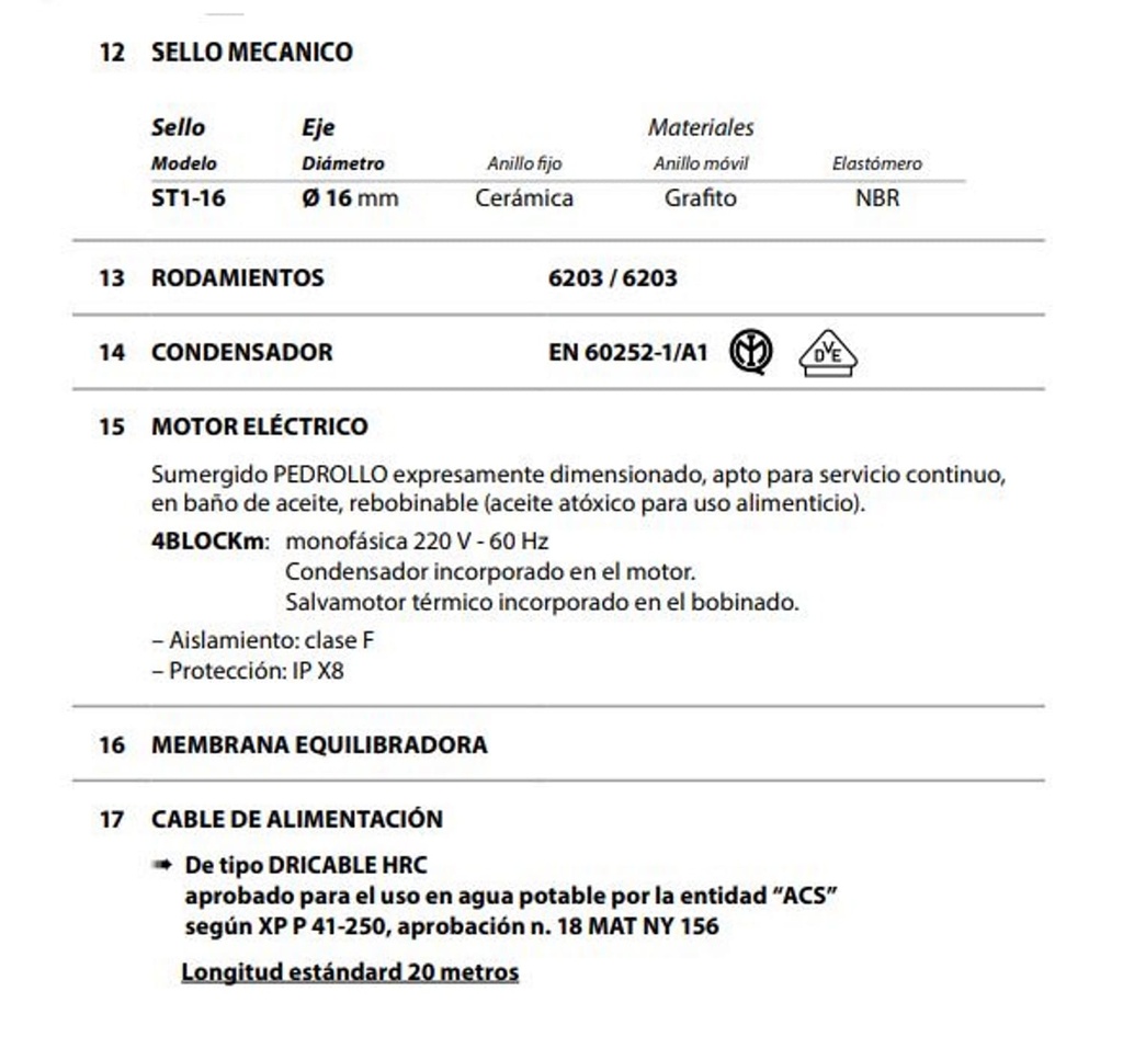 Motobomba Lapicero 0.5Hp 110V 1F 1.25" Pedrollo 4Blockm4/3