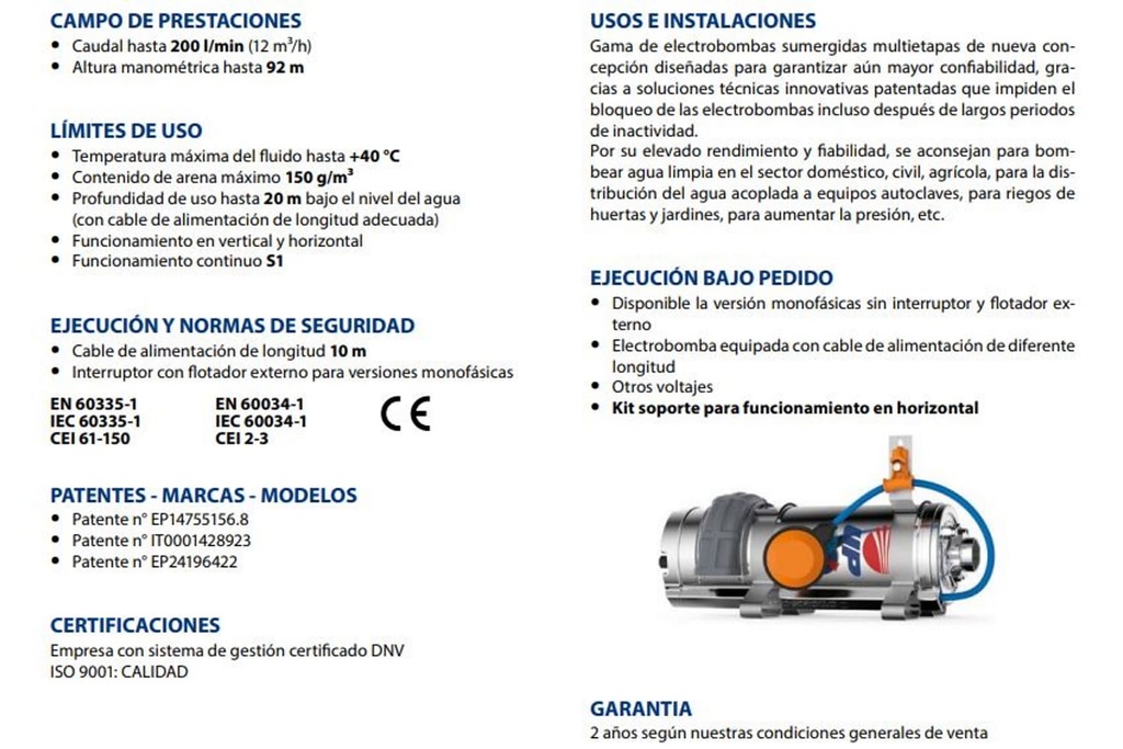 Motobomba Lapicero 2Hp 220V 1F 1.25" Pedrollo Upm2/4