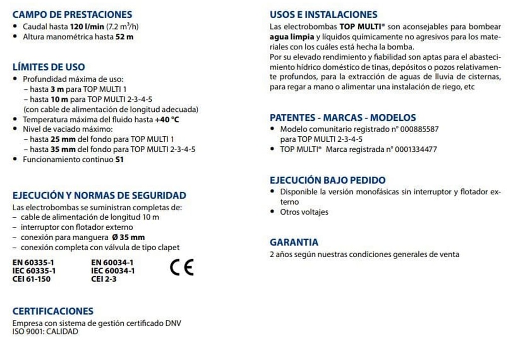 Motobomba Sumergible 0.75Hp 110V 1F 1.25" Pedrollo Topmulti2