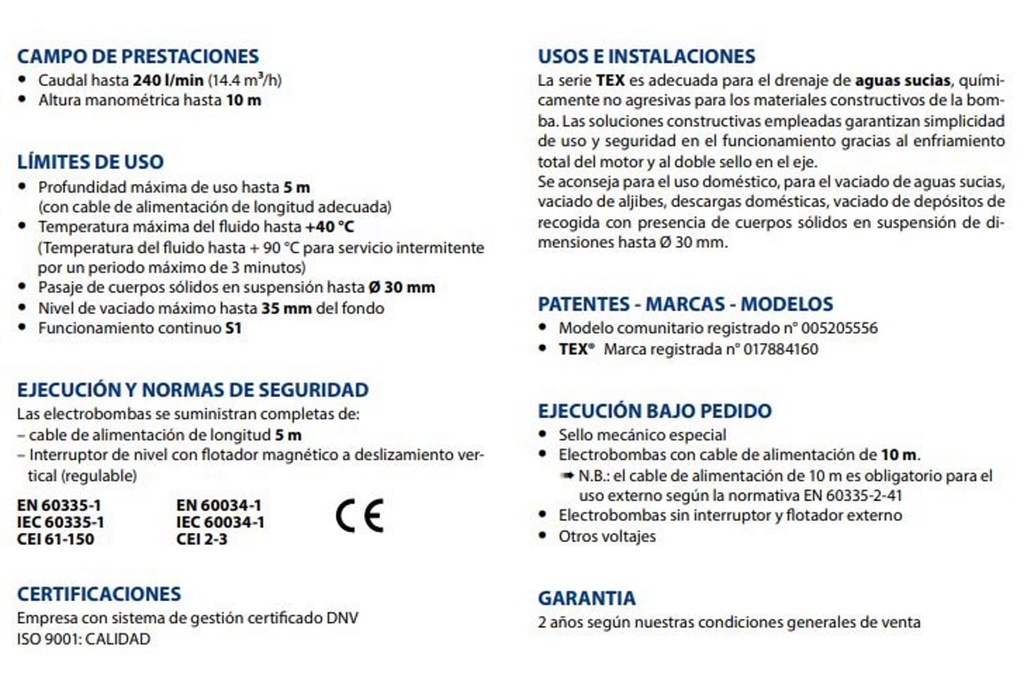 Motobomba Sumergible 0.5Hp 110V 1F 1.25" Pedrollo Tex2