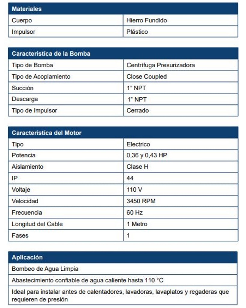 Motobomba Presurizadora 0.36Hp 110V 1F 1X0.75" Barnes Wpa 25-12-200-110