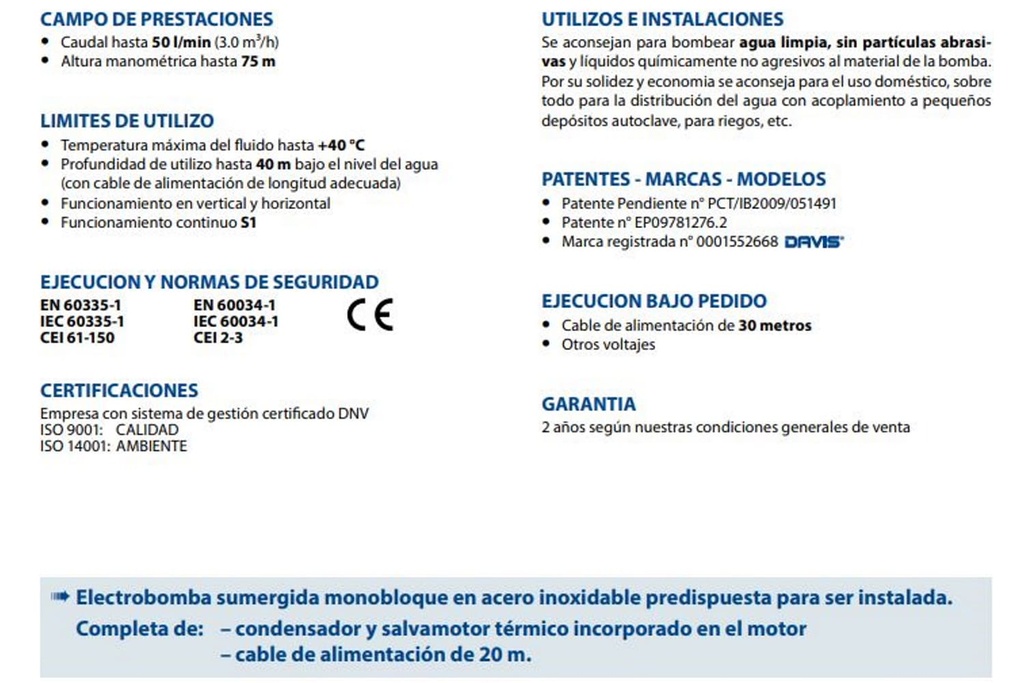 Motobomba Lapicero 1Hp 220V 1F 1" Pedrollo Davis