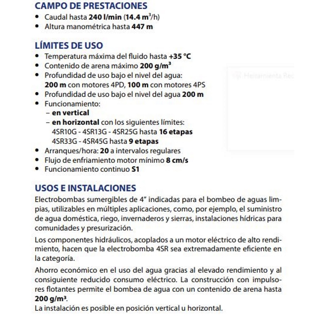 Bomba Lapicero 5Hp Sin motor 1.25" Pedrollo 4Sr-F10G/50-Hyd