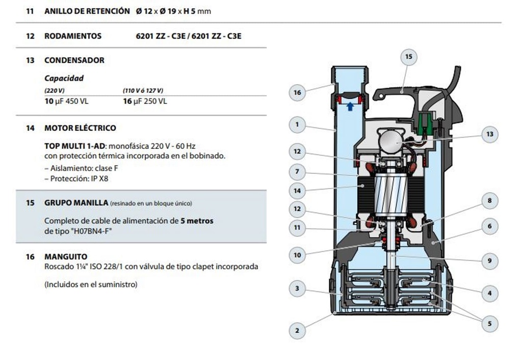 Motobomba Sumergible 0.5Hp 110V 1F 1.25" Pedrollo Topmulti1Ad