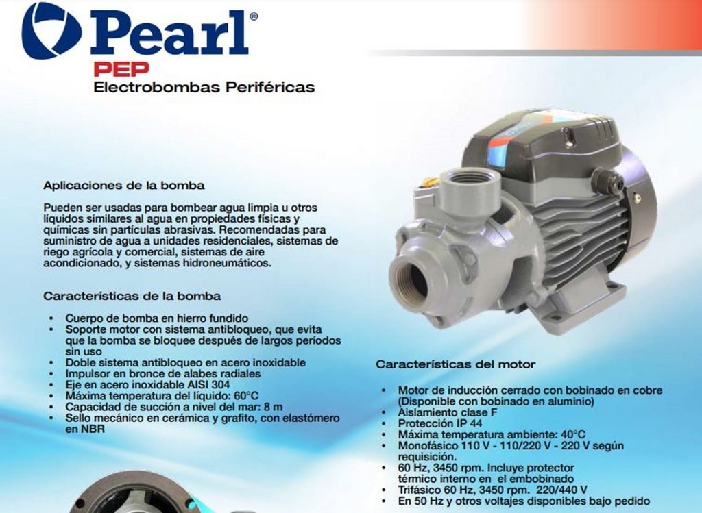 Motobomba Periferica 0.5Hp 110V 1F 1X1" Pearl Pep05A16L