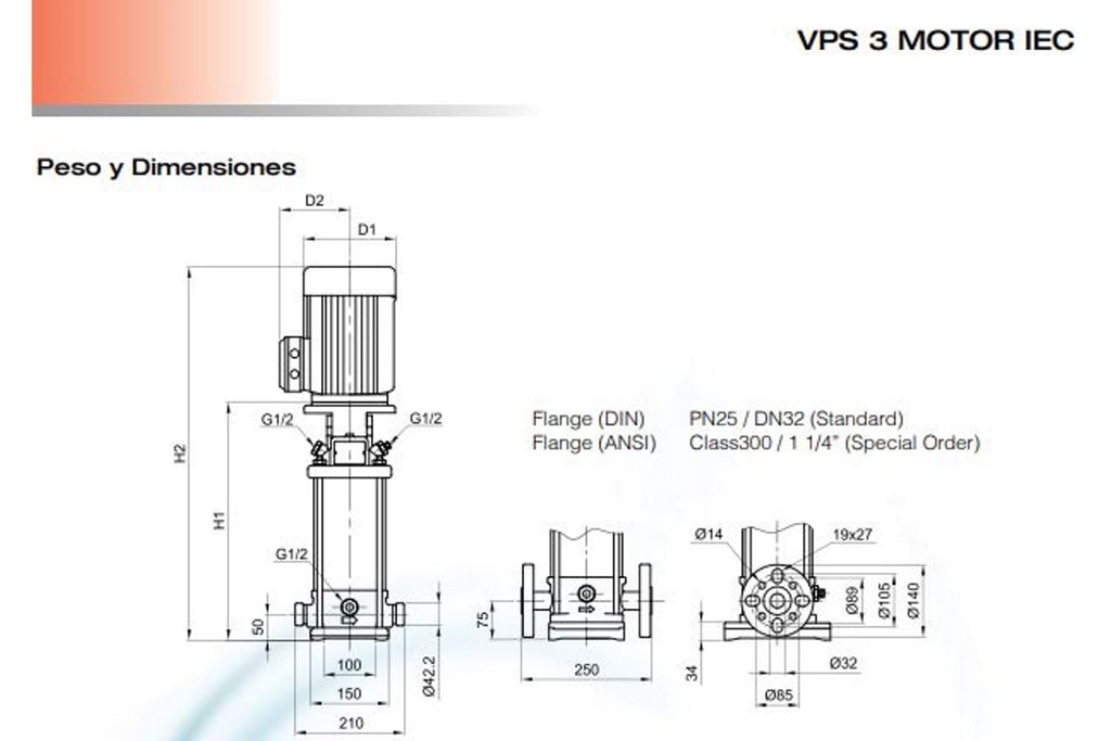 Motobomba Multietapas V 2Hp 220-440V 3F 1.25X1.25" Pearl Vps3-11 20C16S