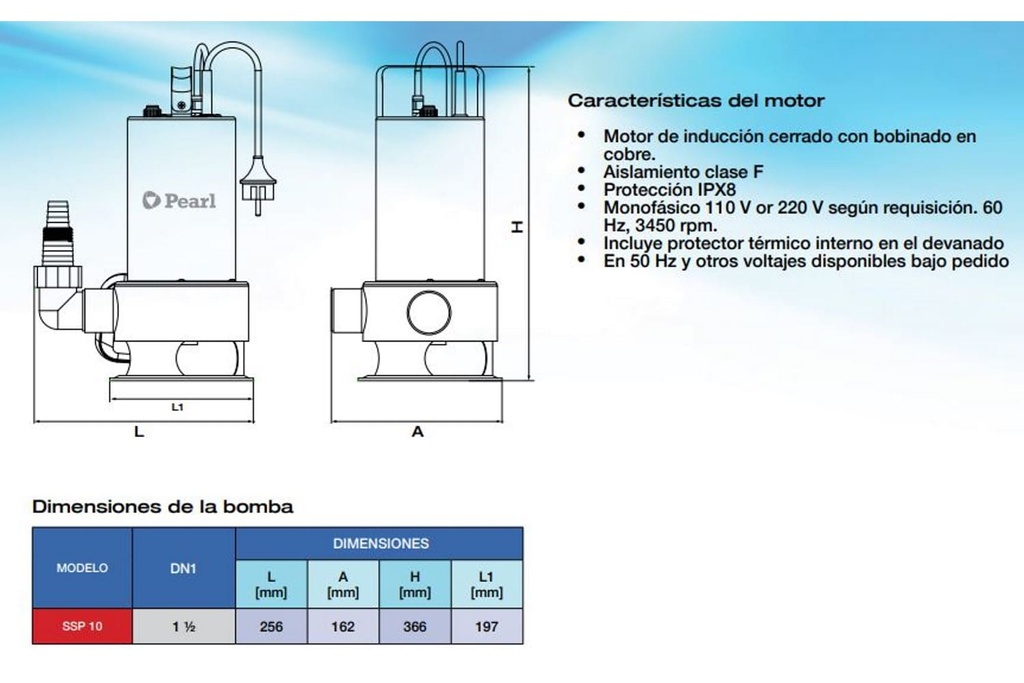 Motobomba Sumergible 1Hp 220V 1F 1.5" Pearl Ssp10C16A