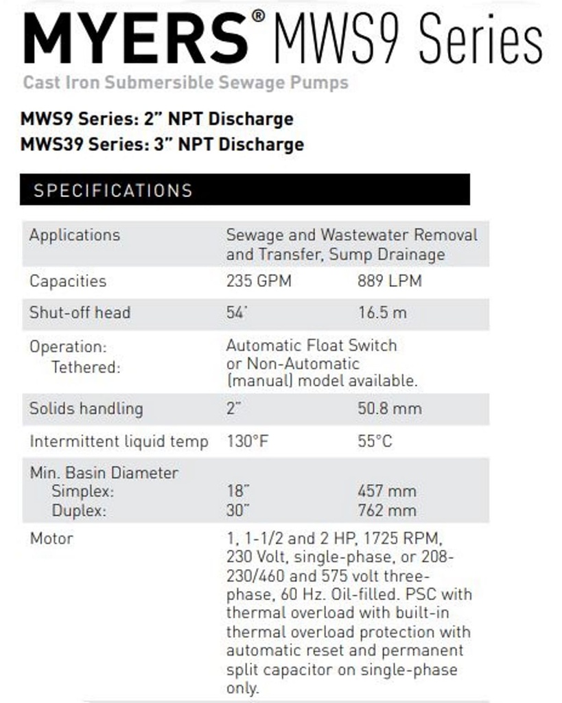 Motobomba Sumergible 2Hp 220V 3F 3" Pentair Myers Mws39200220T