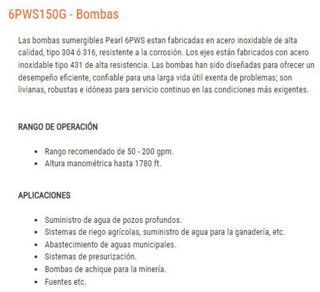 Bomba Lapicero 25Hp Sin motor 3" Pearl 6Pws150G250HH-D3M6