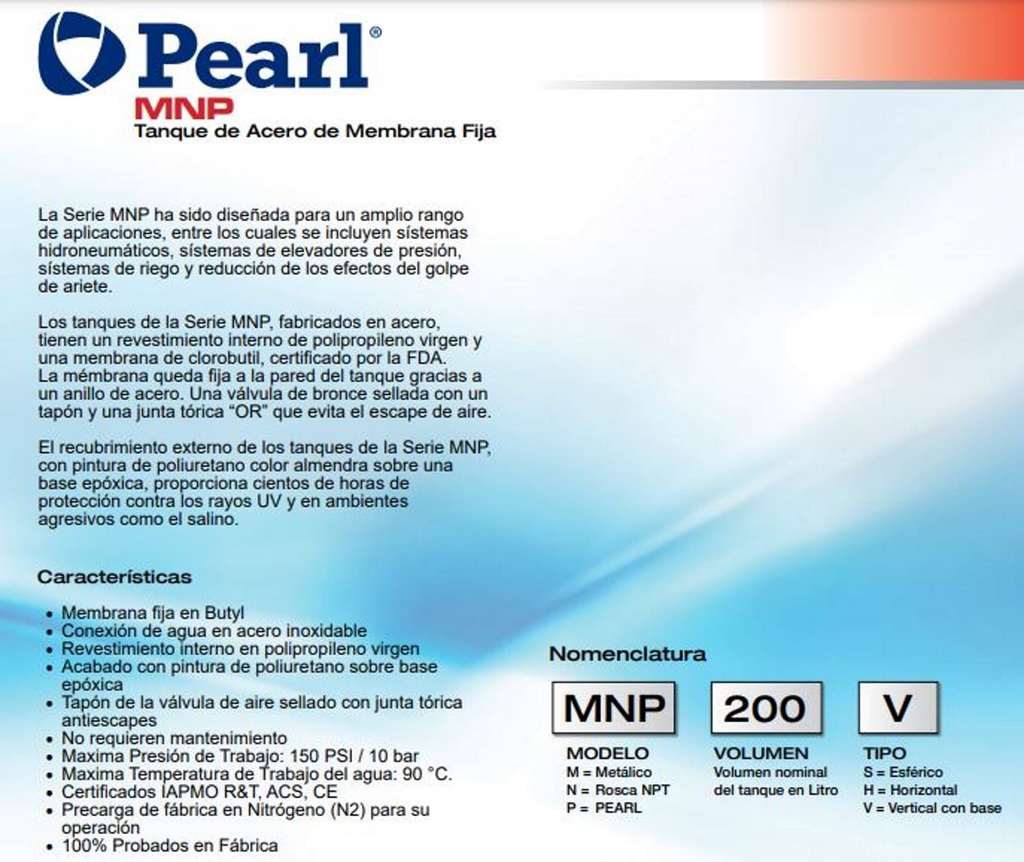Tanque Diafragma 100Lts Vertical Pearl Mnp100V