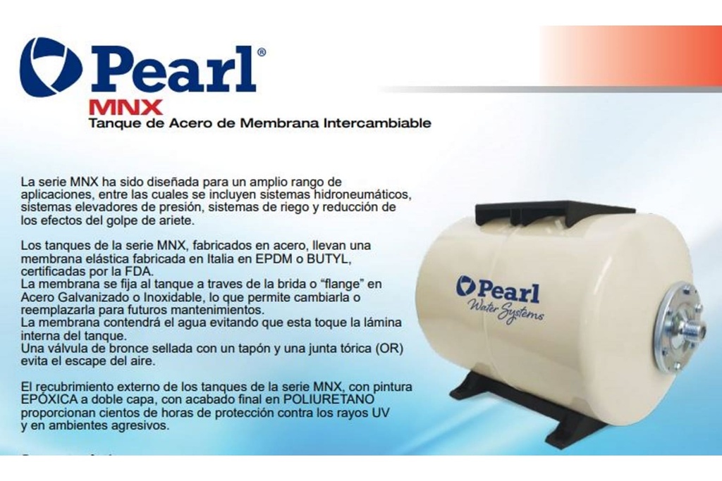 Tanque Membrana 100Lts Horizontal Pearl Mnx100H