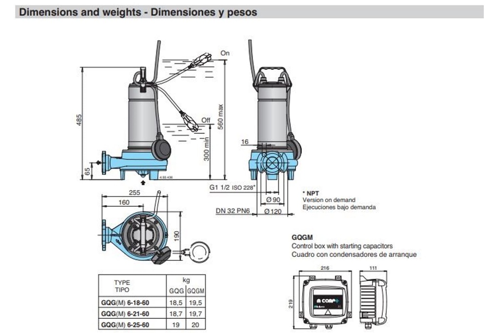 Motobomba Sumergible 2Hp 220V 1F 1.5" Calpeda Gqgm625