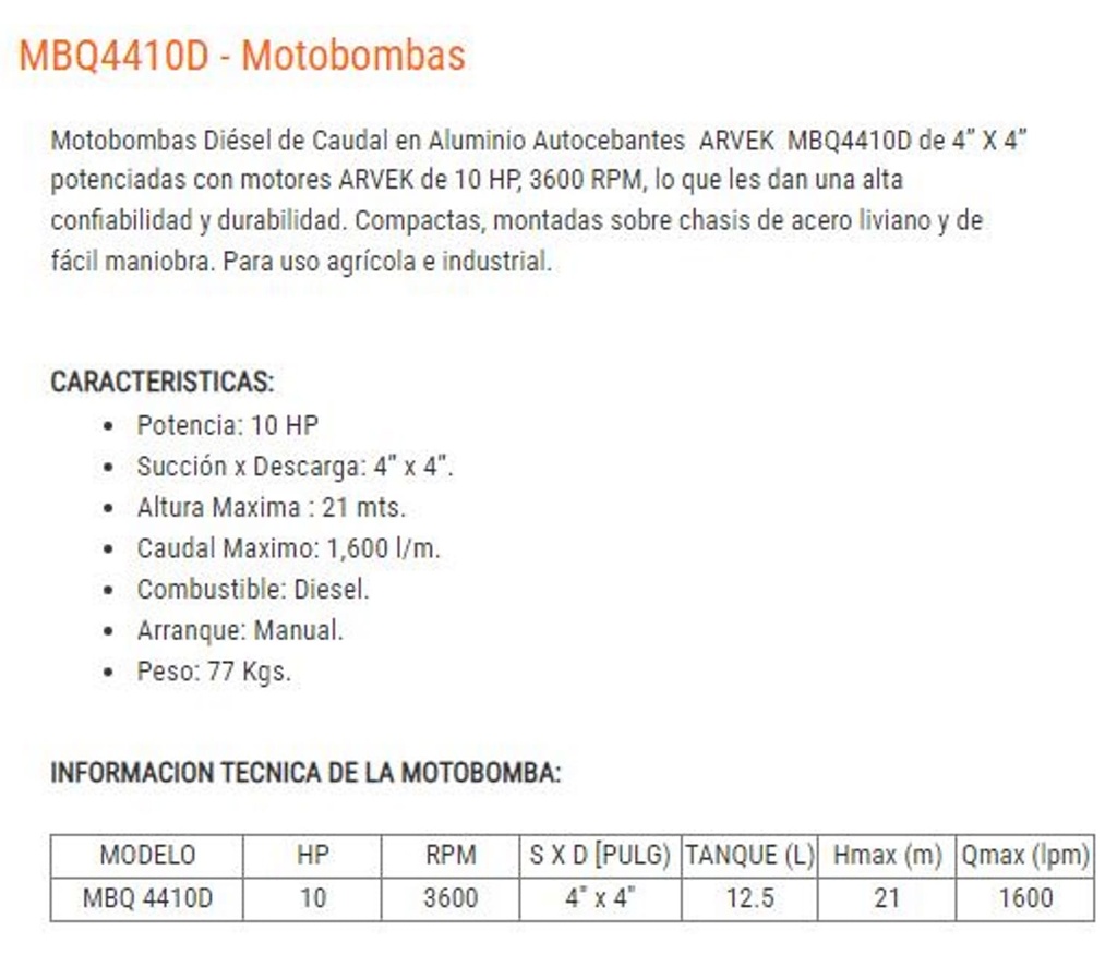 Motobomba Autocebante 10Hp Diesel 4X4" Arvek Mbq4410D