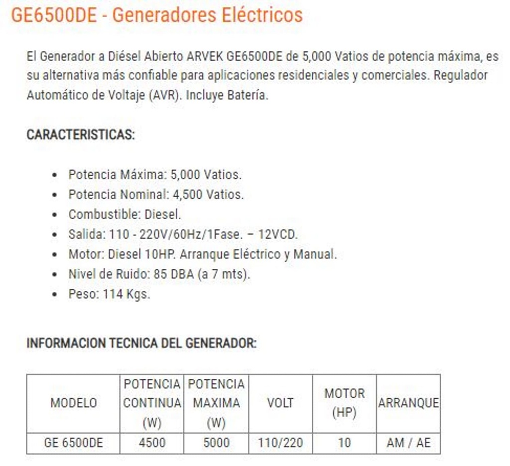 Planta Electrica 4.5Kw Diesel Sin Cabina Arranque Electrico Arvek Ge6500De