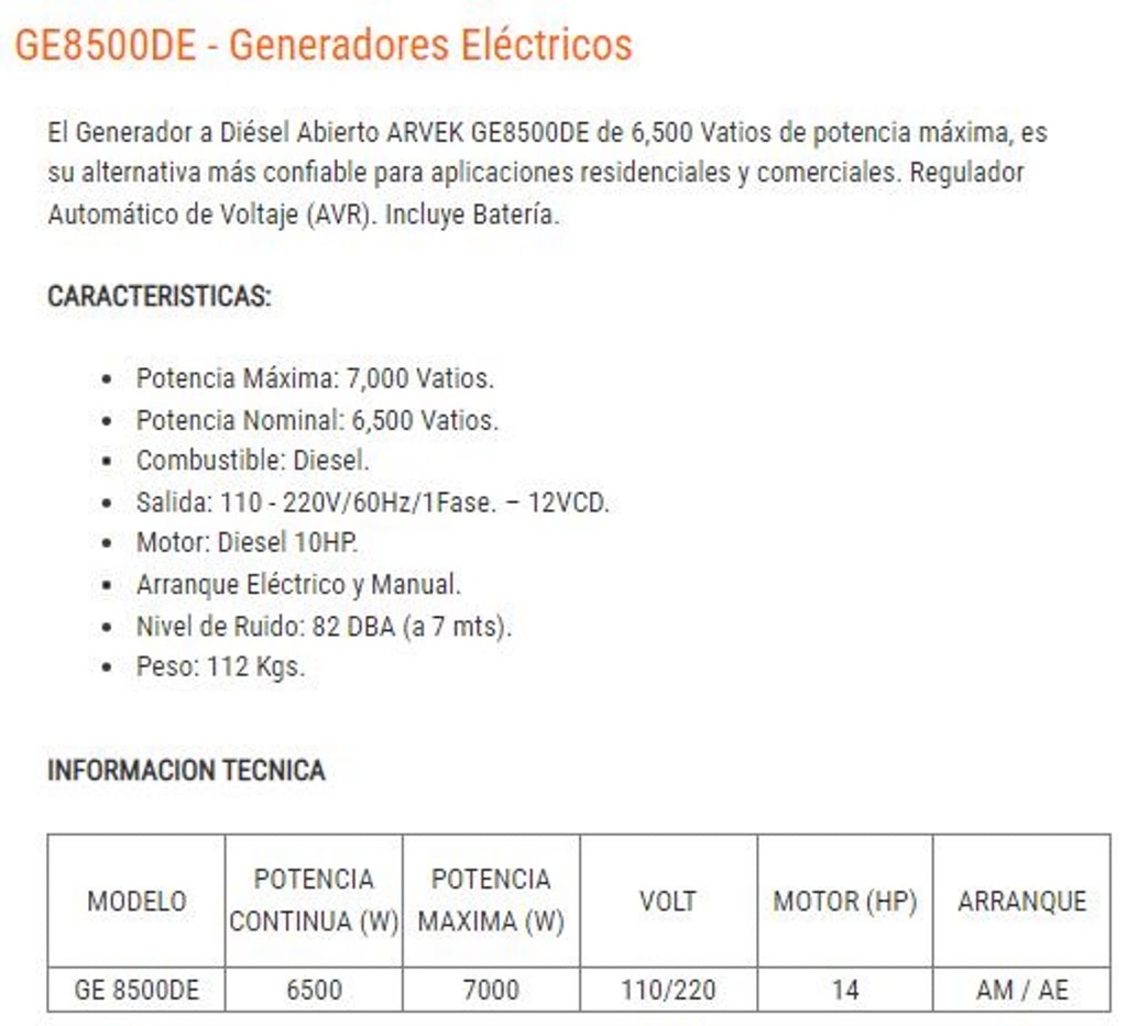 Planta Electrica 6.5Kw Diesel Sin Cabina Arranque Electrico Arvek Ge8500De