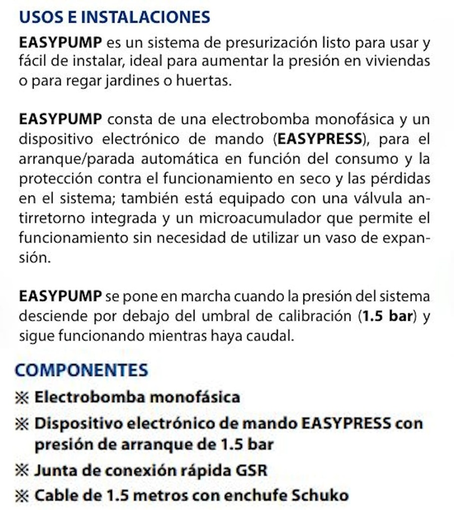 Equipo de Presión 1 Bomba Top Multi 1 0.75Hp 110V 1F con Regulador Electrónico de Presión Easypress Pedrollo Easypump
