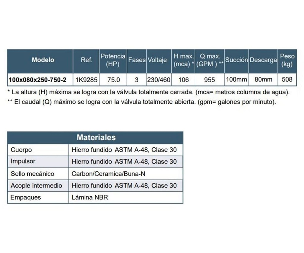 Motobomba Centrifuga 75Hp 220-400V 3F 100X80mm Barnes  Ie 100x080x250-750-2 Motor Listado Fire Pump
