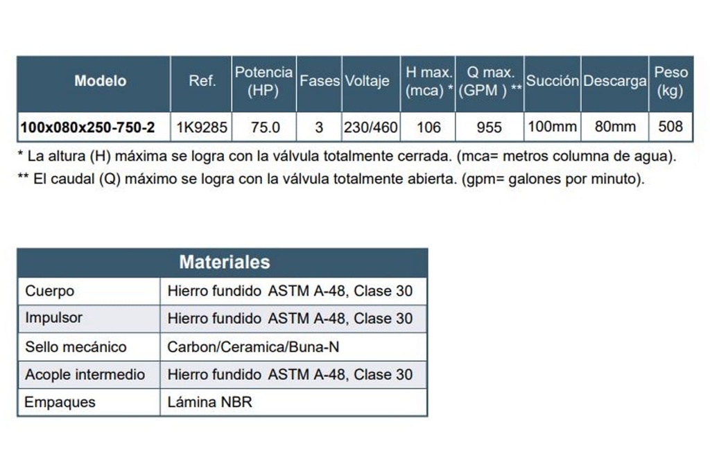 Motobomba Centrifuga 75Hp 220-400V 3F 100X80mm Barnes  Ie 100x080x250-750-2 Motor Listado Fire Pump