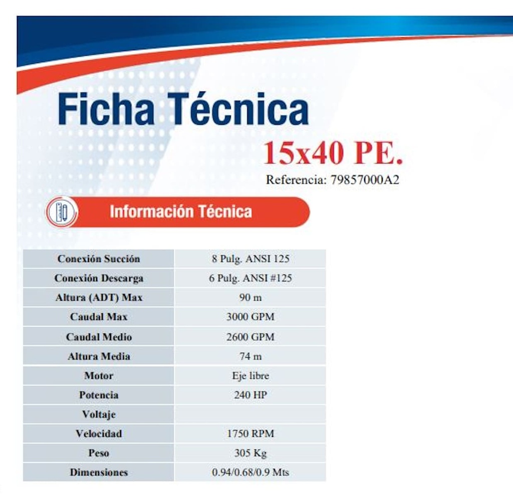 Bomba Centrifuga 240Hp Eje Libre 8X6" Ihm Eurolinea 15x40Pe