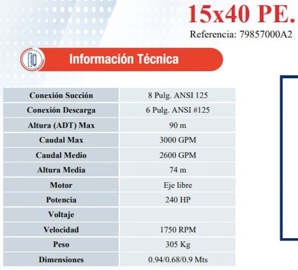 Bomba Centrifuga 240Hp Eje Libre 8X6" Ihm Eurolinea 15x40Pe