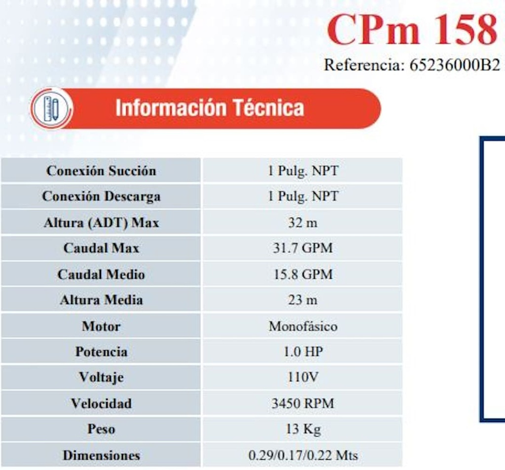 Motobomba Centrifuga 1Hp 110V 1F 1x1" Ihm Cpm158