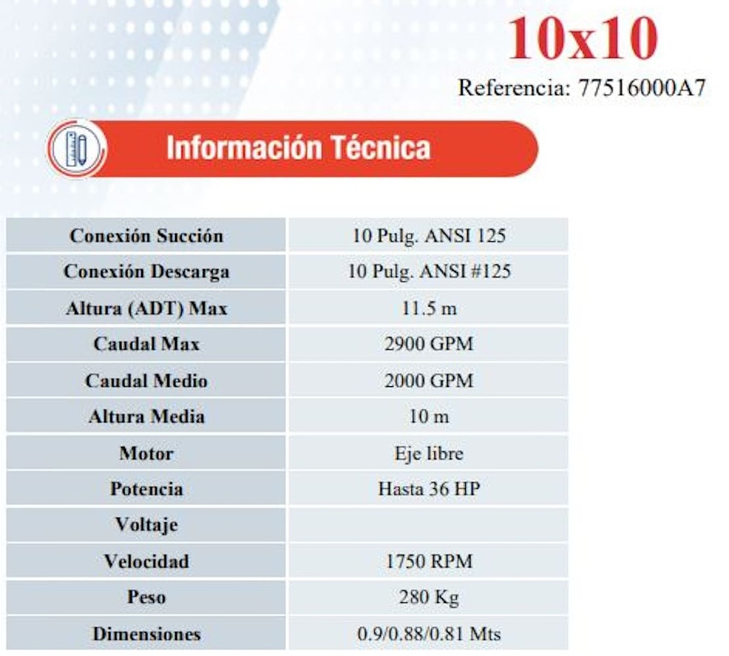 Bomba Centrifuga Eje Libre 10X10" Ihm Flujo mixto 10x10