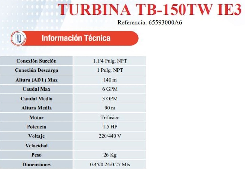 Motobomba Regenerativa 1.5Hp 220-440V 3F 1.25X1" Ihm Turbiline Tb-150Tw-IE3