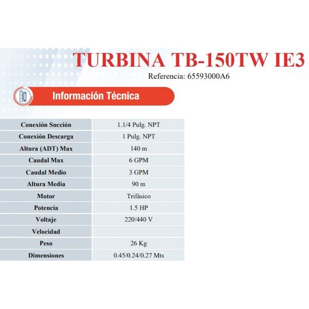 Motobomba Turbina 1.5Hp 220-440V 3F 1.25X1" Ihm Turbiline Tb-150Tw-IE3