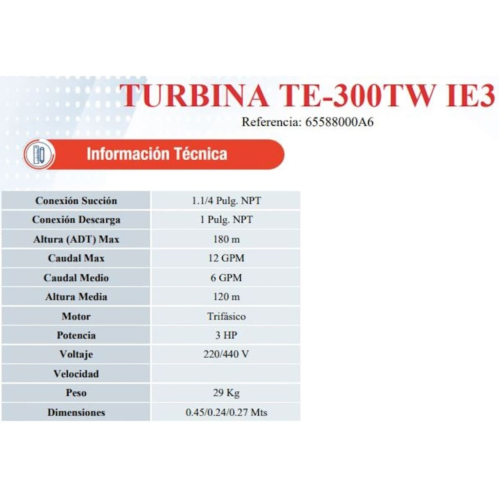 Motobomba Turbina 3Hp 220-440V 3F 1.25X1" Ihm Turbiline Te-300Tw-IE3