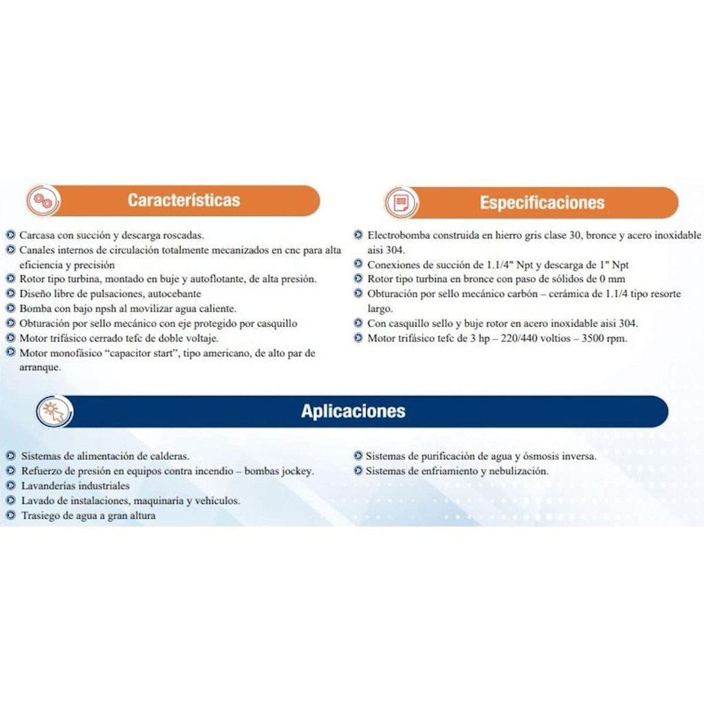 Motobomba Turbina 3Hp 220-440V 3F 1.25X1" Ihm Turbiline Te-300Tw-IE3