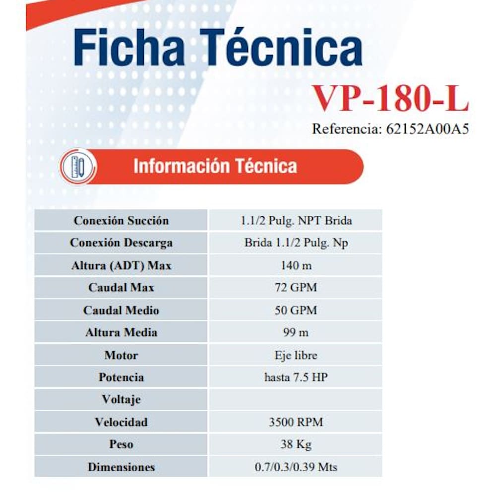 Bomba Multietapas H 7.5Hp Eje libre 1.25X1.25" Ihm Vp-180-L