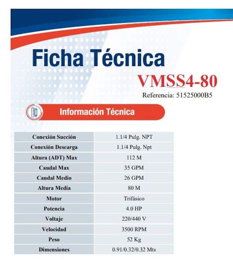Motobomba Multietapas V 4Hp 220-440V 3F 1.25X1.25" Ihm Ture Vmss4-80