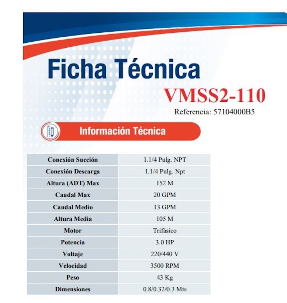 Motobomba Multietapas V 3Hp 220-440V 3F 1.25X1.25" Ihm Ture Vmss2-110