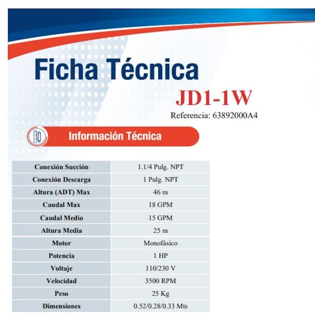 Motobomba Jet 1Hp 110-220V 1F 1.25X1" Ihm Eyector Jd1-1W