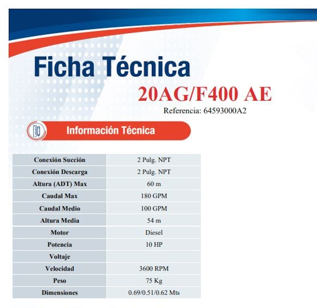 Motobomba Centrifuga 10Hp Diesel 2x2" Ihm Hy-Flo 20Ag/F400 AE